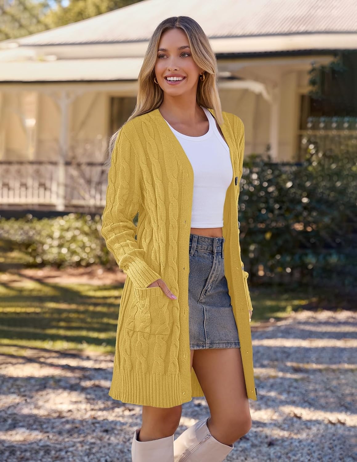 image:imageMEROKEETY Womens Fall Cable Knit Button Long Cardigan Sweater Button Front Long Sleeve Chunky Knit Open Front V Neck Loose Fit Side Pockets 2026 Winter Casual outerwearMustard