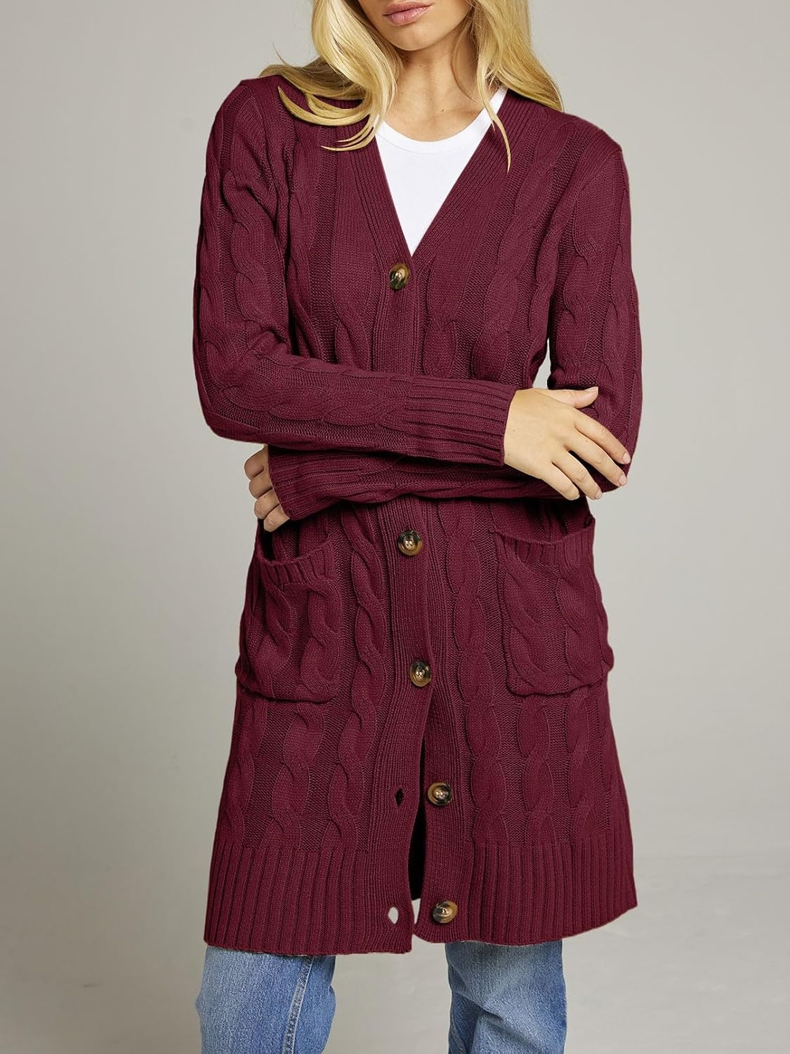image:imageMEROKEETY Womens Fall Cable Knit Button Long Cardigan Sweater Button Front Long Sleeve Chunky Knit Open Front V Neck Loose Fit Side Pockets 2026 Winter Casual outerwearWine