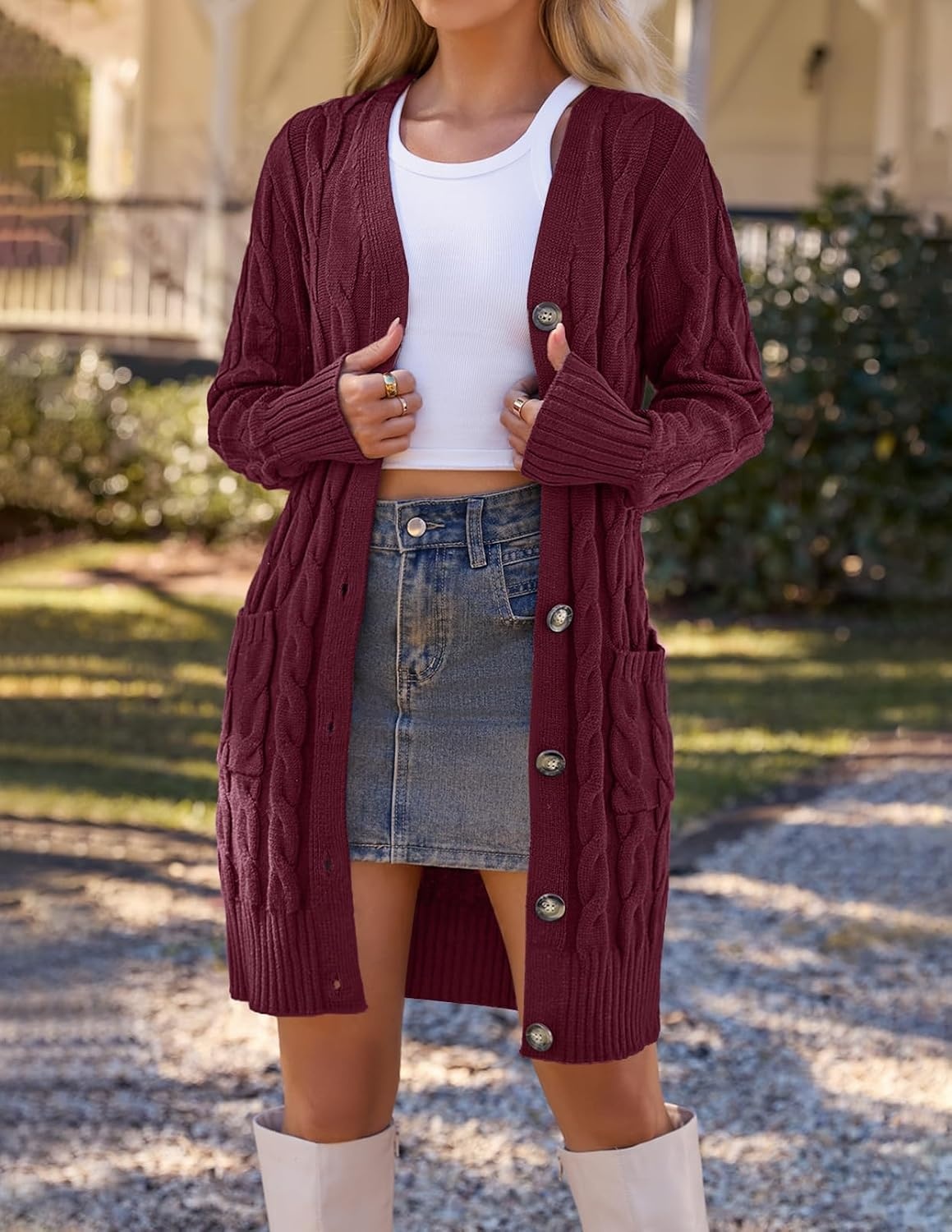 image:imageMEROKEETY Womens Fall Cable Knit Button Long Cardigan Sweater Button Front Long Sleeve Chunky Knit Open Front V Neck Loose Fit Side Pockets 2026 Winter Casual outerwearWine