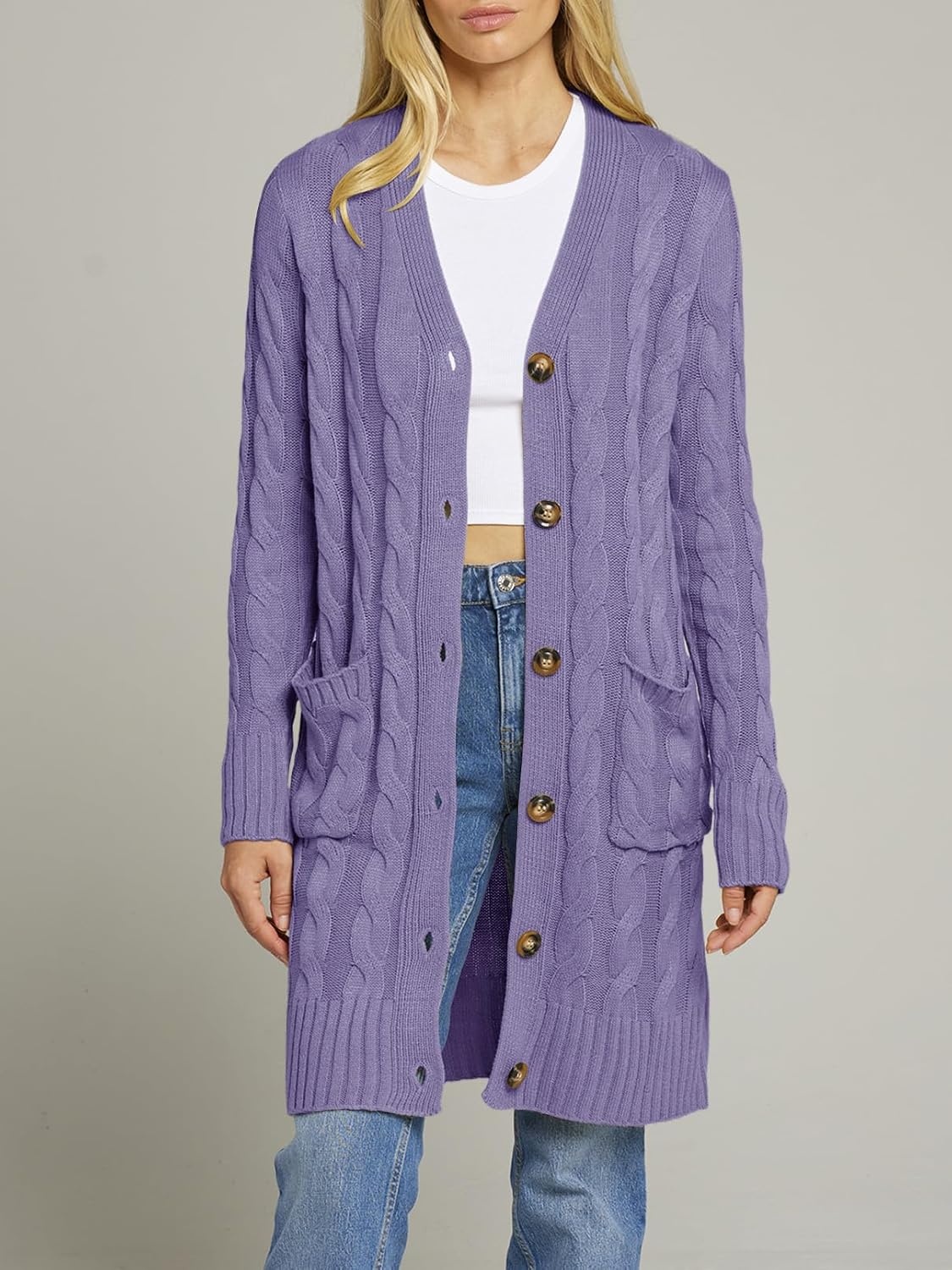 image:imageMEROKEETY Womens Fall Cable Knit Button Long Cardigan Sweater Button Front Long Sleeve Chunky Knit Open Front V Neck Loose Fit Side Pockets 2026 Winter Casual outerwearPurple