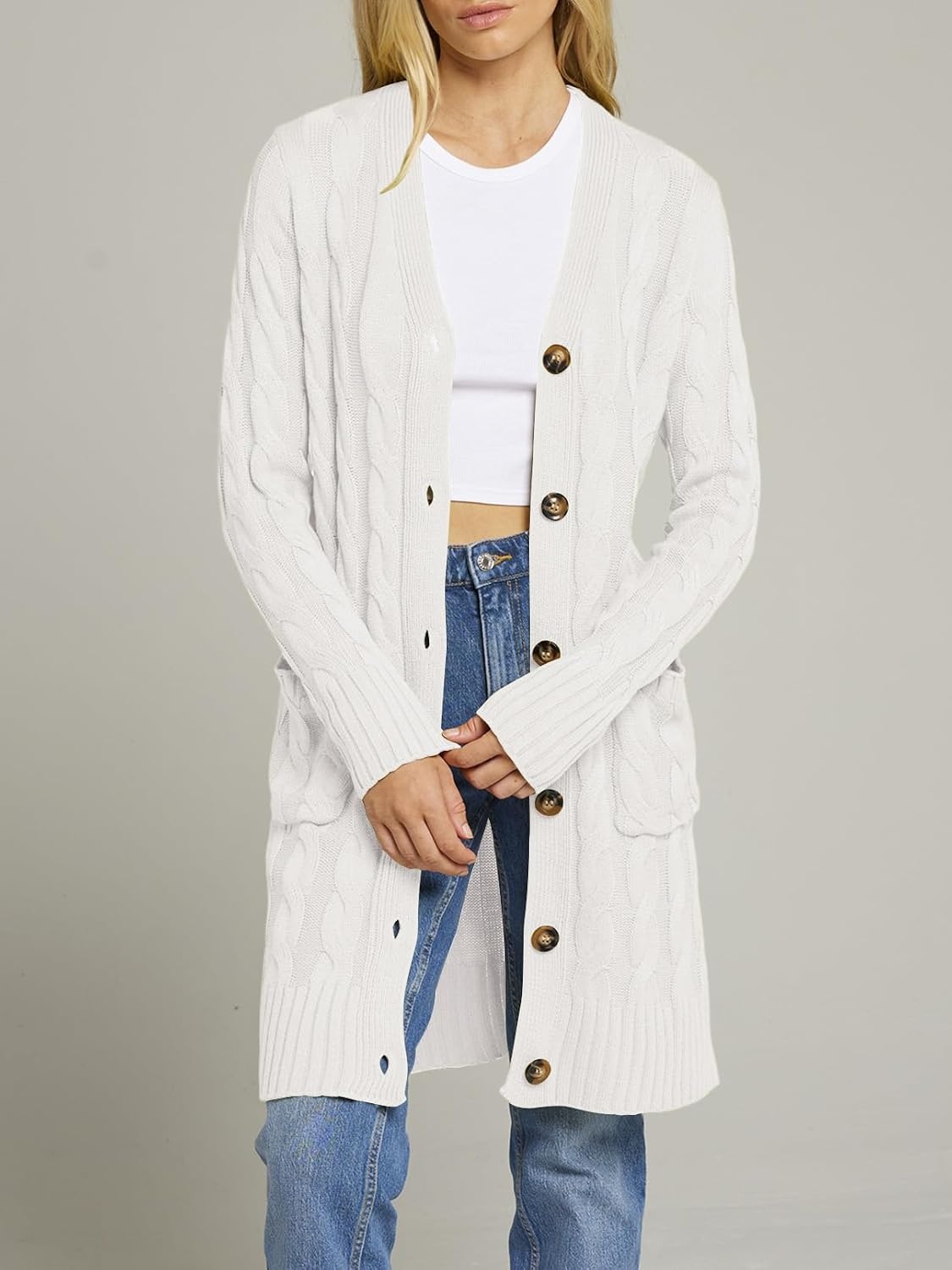 image:imageMEROKEETY Womens Fall Cable Knit Button Long Cardigan Sweater Button Front Long Sleeve Chunky Knit Open Front V Neck Loose Fit Side Pockets 2026 Winter Casual outerwearWhite