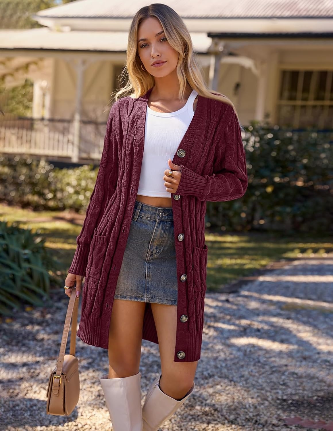 image:imageMEROKEETY Womens Fall Cable Knit Button Long Cardigan Sweater Button Front Long Sleeve Chunky Knit Open Front V Neck Loose Fit Side Pockets 2026 Winter Casual outerwearWine