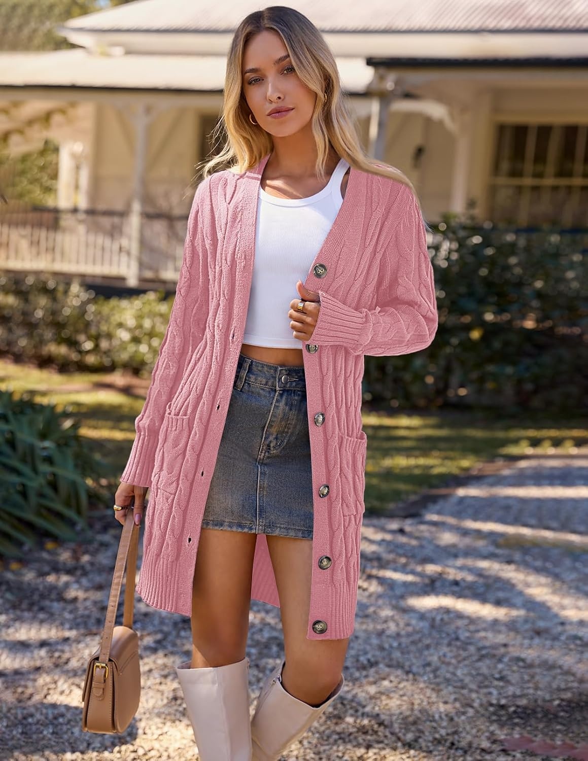 image:imageMEROKEETY Womens Fall Cable Knit Button Long Cardigan Sweater Button Front Long Sleeve Chunky Knit Open Front V Neck Loose Fit Side Pockets 2026 Winter Casual outerwearDarkpink