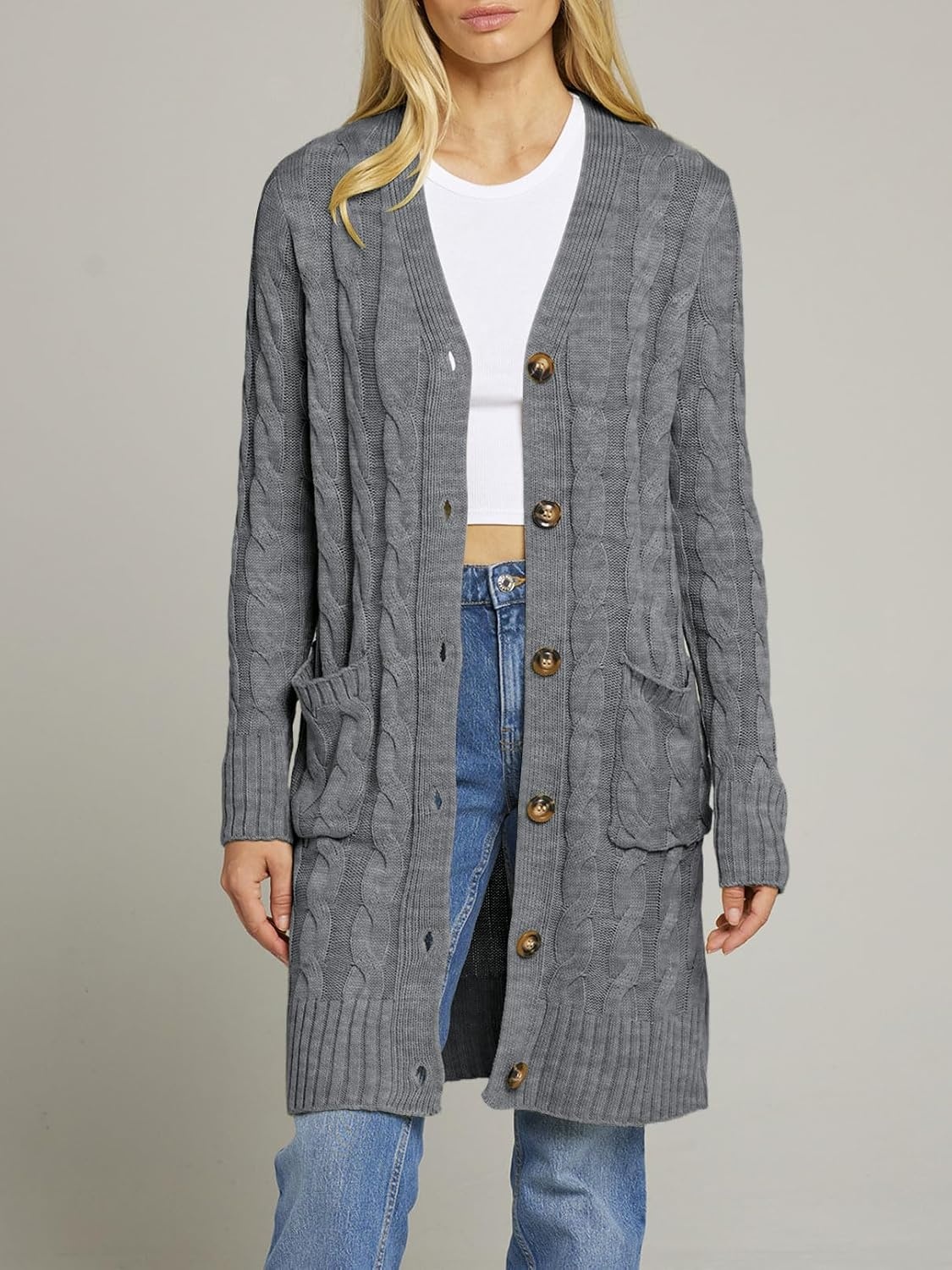 image:imageMEROKEETY Womens Fall Cable Knit Button Long Cardigan Sweater Button Front Long Sleeve Chunky Knit Open Front V Neck Loose Fit Side Pockets 2026 Winter Casual outerwearCharcoal