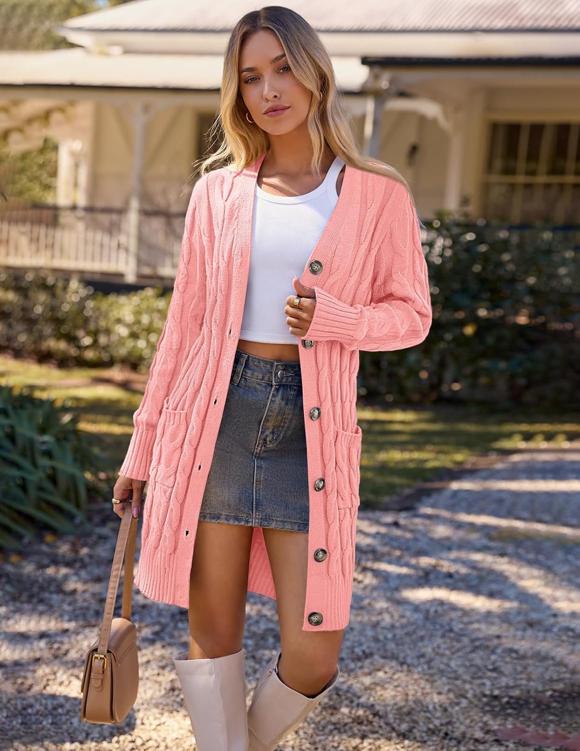 image:imageMEROKEETY Womens Fall Cable Knit Button Long Cardigan Sweater Button Front Long Sleeve Chunky Knit Open Front V Neck Loose Fit Side Pockets 2026 Winter Casual outerwearPink