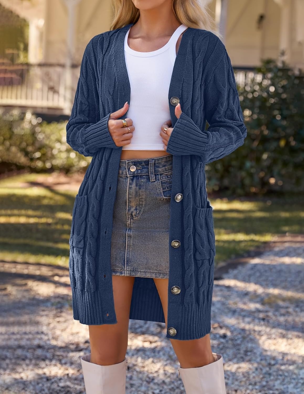 image:imageMEROKEETY Womens Fall Cable Knit Button Long Cardigan Sweater Button Front Long Sleeve Chunky Knit Open Front V Neck Loose Fit Side Pockets 2026 Winter Casual outerwearNavy