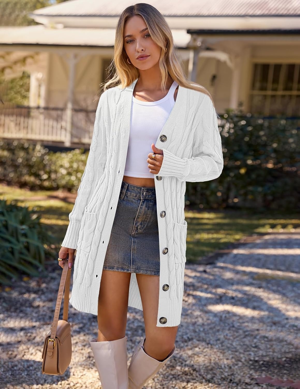image:imageMEROKEETY Womens Fall Cable Knit Button Long Cardigan Sweater Button Front Long Sleeve Chunky Knit Open Front V Neck Loose Fit Side Pockets 2026 Winter Casual outerwearWhite