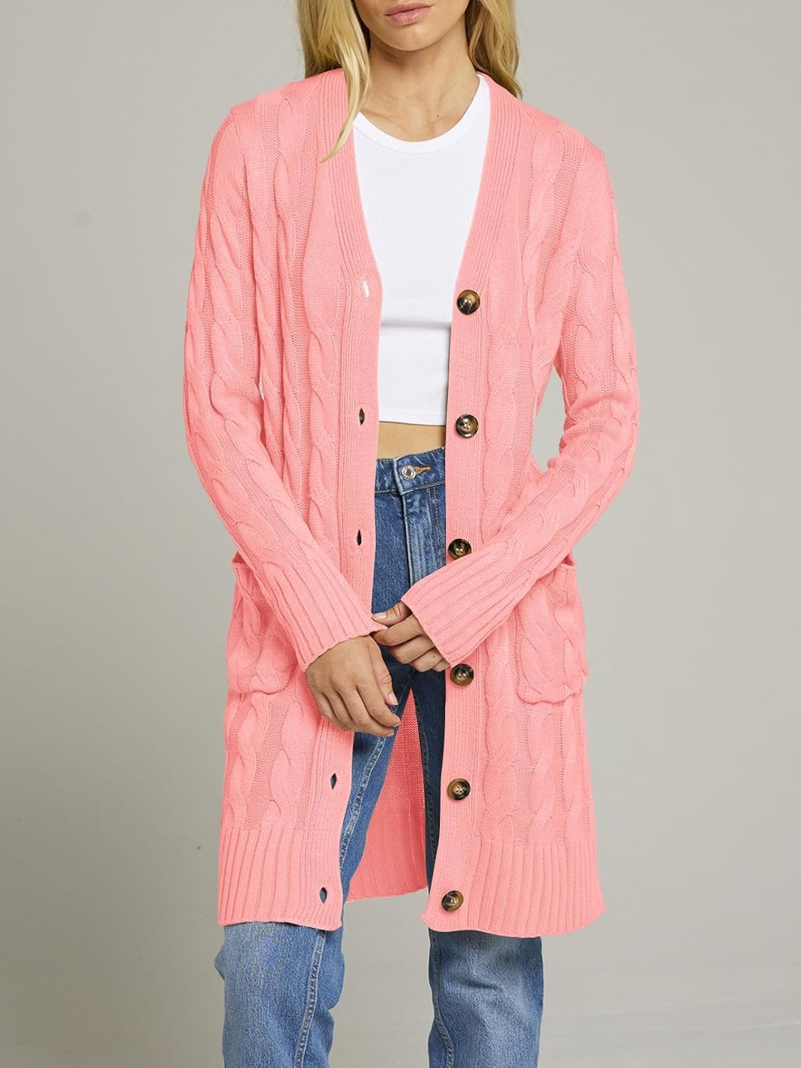 image:imageMEROKEETY Womens Fall Cable Knit Button Long Cardigan Sweater Button Front Long Sleeve Chunky Knit Open Front V Neck Loose Fit Side Pockets 2026 Winter Casual outerwearPink