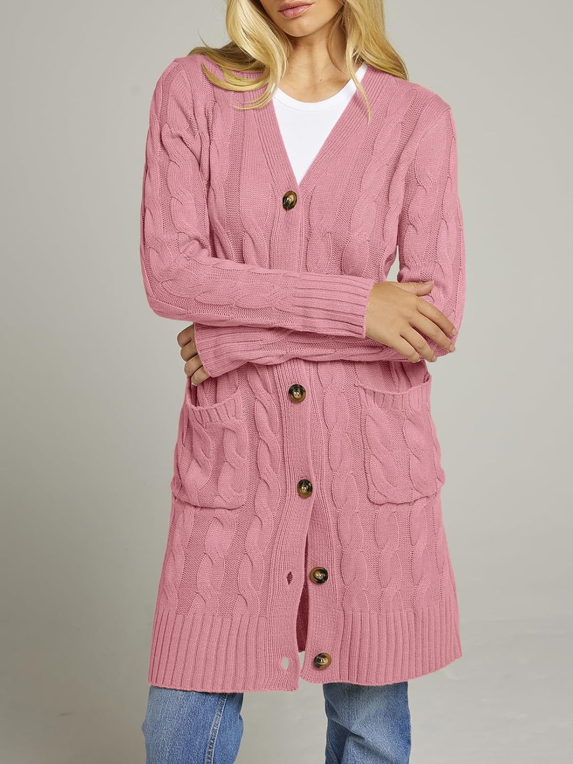 image:imageMEROKEETY Womens Fall Cable Knit Button Long Cardigan Sweater Button Front Long Sleeve Chunky Knit Open Front V Neck Loose Fit Side Pockets 2026 Winter Casual outerwearDarkpink