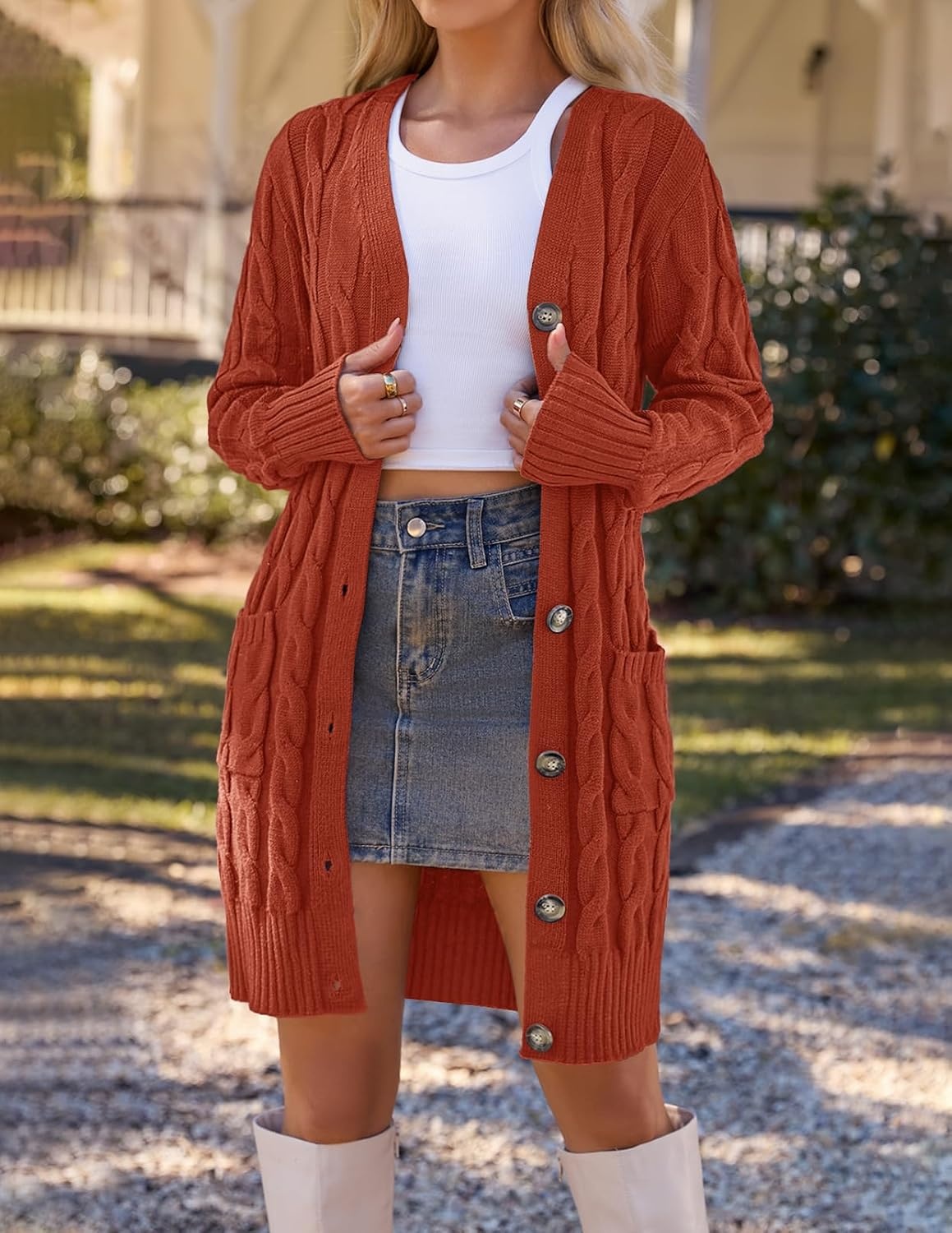 image:imageMEROKEETY Womens Fall Cable Knit Button Long Cardigan Sweater Button Front Long Sleeve Chunky Knit Open Front V Neck Loose Fit Side Pockets 2026 Winter Casual outerwearRust