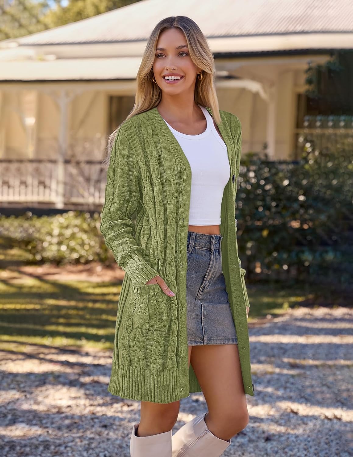 image:imageMEROKEETY Womens Fall Cable Knit Button Long Cardigan Sweater Button Front Long Sleeve Chunky Knit Open Front V Neck Loose Fit Side Pockets 2026 Winter Casual outerwearOlive