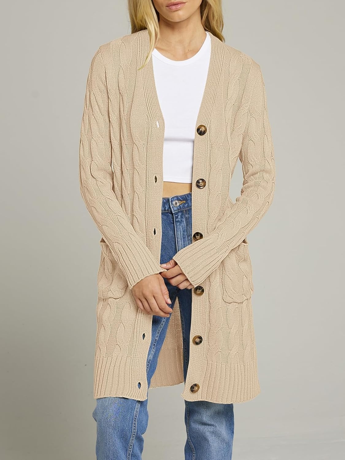 image:imageMEROKEETY Womens Fall Cable Knit Button Long Cardigan Sweater Button Front Long Sleeve Chunky Knit Open Front V Neck Loose Fit Side Pockets 2026 Winter Casual outerwearApricot