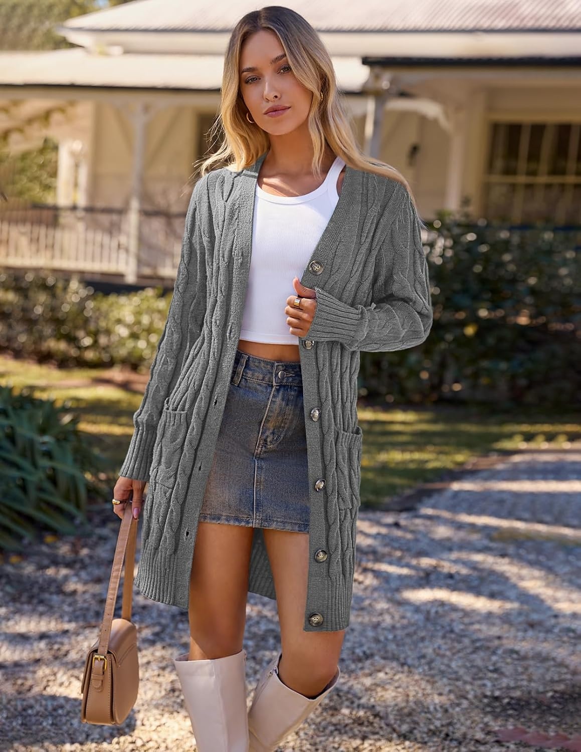 image:imageMEROKEETY Womens Fall Cable Knit Button Long Cardigan Sweater Button Front Long Sleeve Chunky Knit Open Front V Neck Loose Fit Side Pockets 2026 Winter Casual outerwearCharcoal