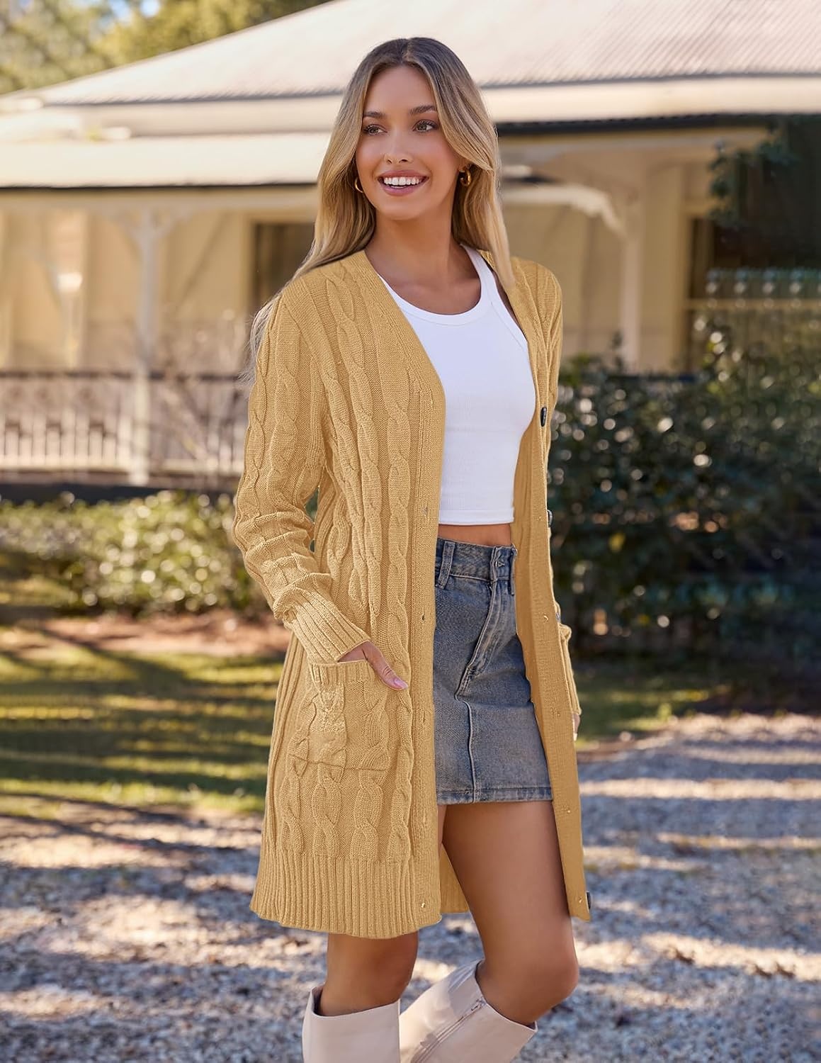 image:imageMEROKEETY Womens Fall Cable Knit Button Long Cardigan Sweater Button Front Long Sleeve Chunky Knit Open Front V Neck Loose Fit Side Pockets 2026 Winter Casual outerwearKhaki