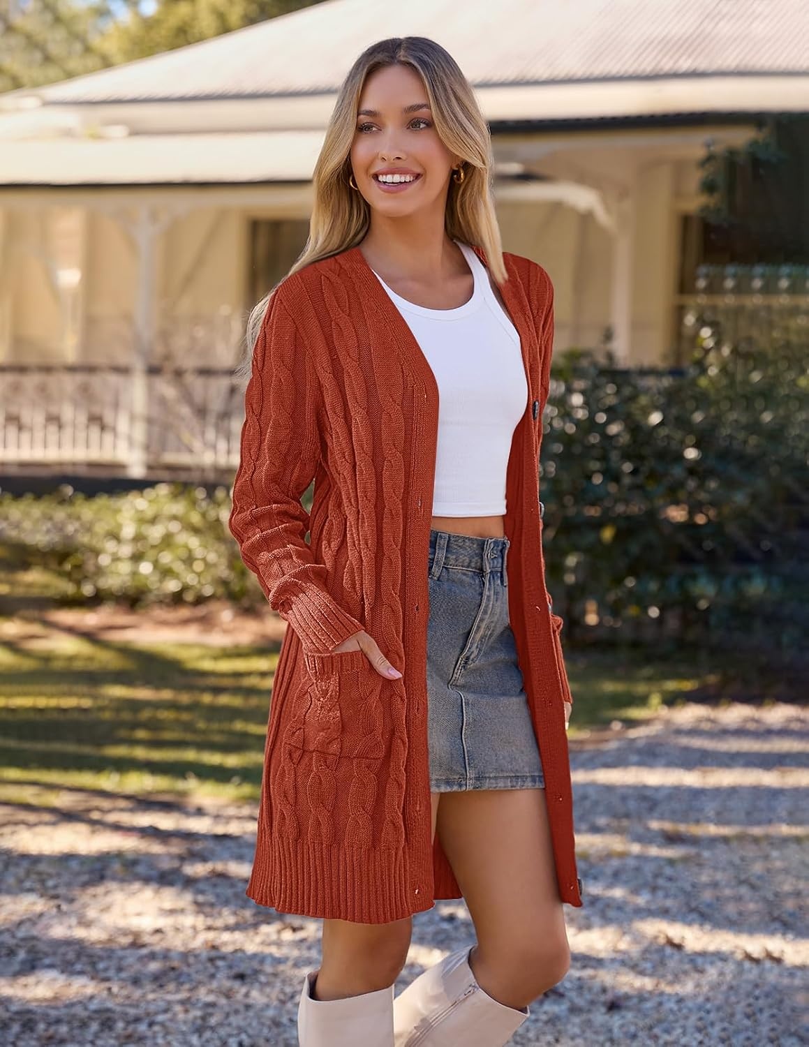 image:imageMEROKEETY Womens Fall Cable Knit Button Long Cardigan Sweater Button Front Long Sleeve Chunky Knit Open Front V Neck Loose Fit Side Pockets 2026 Winter Casual outerwearRust