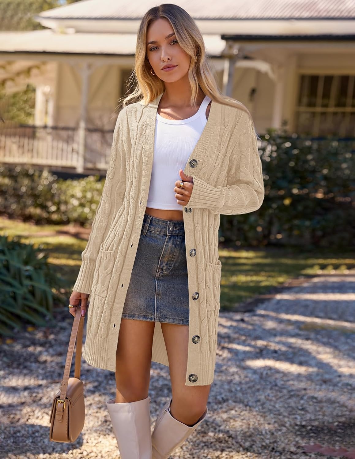 image:imageMEROKEETY Womens Fall Cable Knit Button Long Cardigan Sweater Button Front Long Sleeve Chunky Knit Open Front V Neck Loose Fit Side Pockets 2026 Winter Casual outerwearApricot