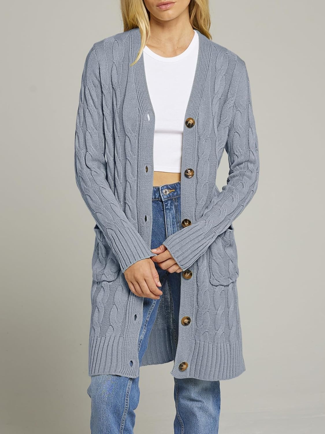image:imageMEROKEETY Womens Fall Cable Knit Button Long Cardigan Sweater Button Front Long Sleeve Chunky Knit Open Front V Neck Loose Fit Side Pockets 2026 Winter Casual outerwearGrey