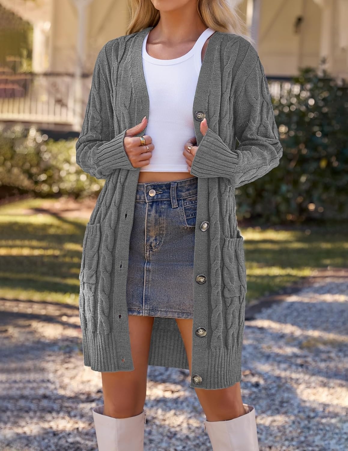 image:imageMEROKEETY Womens Fall Cable Knit Button Long Cardigan Sweater Button Front Long Sleeve Chunky Knit Open Front V Neck Loose Fit Side Pockets 2026 Winter Casual outerwearCharcoal