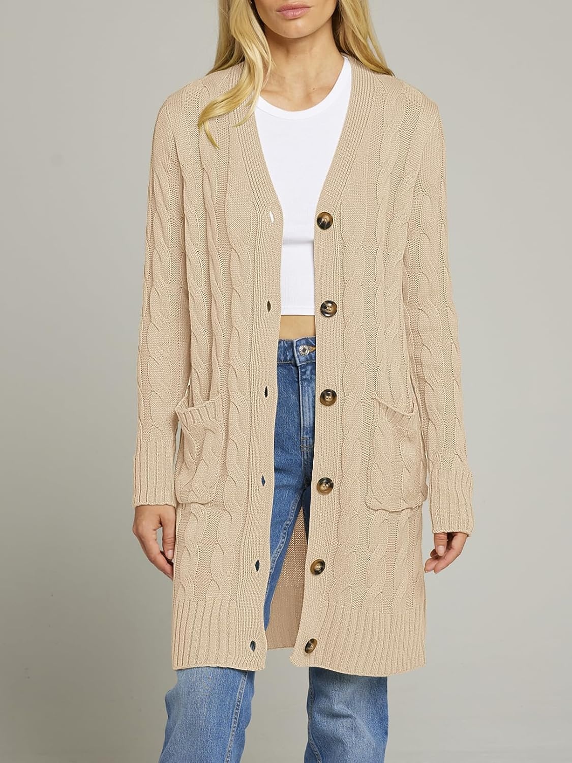 image:imageMEROKEETY Womens Fall Cable Knit Button Long Cardigan Sweater Button Front Long Sleeve Chunky Knit Open Front V Neck Loose Fit Side Pockets 2026 Winter Casual outerwearApricot