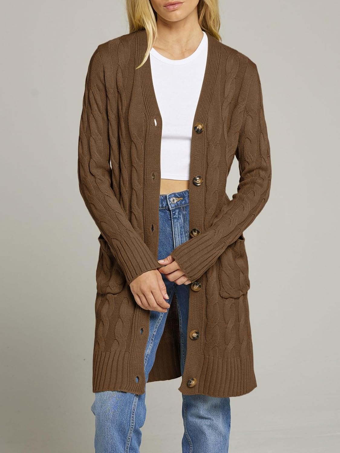 image:imageMEROKEETY Womens Fall Cable Knit Button Long Cardigan Sweater Button Front Long Sleeve Chunky Knit Open Front V Neck Loose Fit Side Pockets 2026 Winter Casual outerwearCoffee