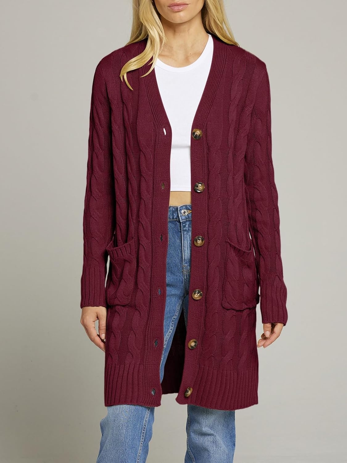 image:imageMEROKEETY Womens Fall Cable Knit Button Long Cardigan Sweater Button Front Long Sleeve Chunky Knit Open Front V Neck Loose Fit Side Pockets 2026 Winter Casual outerwearWine
