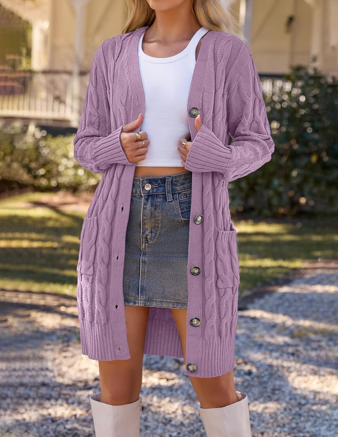 image:imageMEROKEETY Womens Fall Cable Knit Button Long Cardigan Sweater Button Front Long Sleeve Chunky Knit Open Front V Neck Loose Fit Side Pockets 2026 Winter Casual outerwearTaro