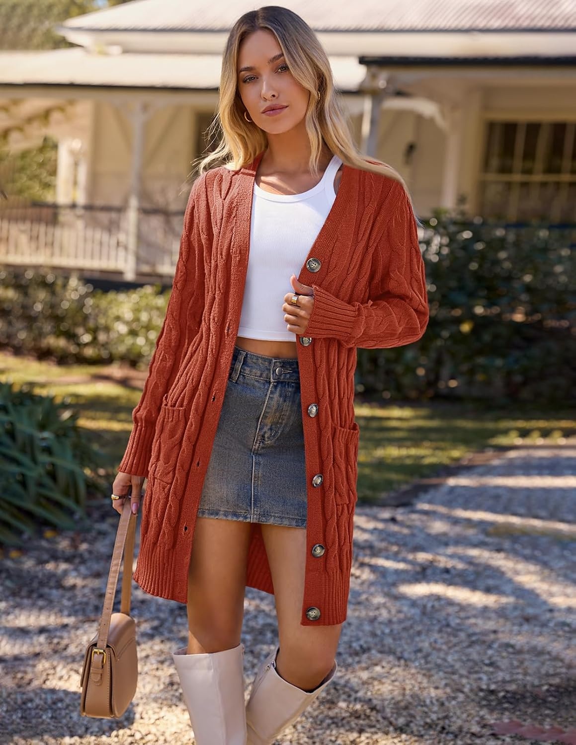 image:imageMEROKEETY Womens Fall Cable Knit Button Long Cardigan Sweater Button Front Long Sleeve Chunky Knit Open Front V Neck Loose Fit Side Pockets 2026 Winter Casual outerwearRust