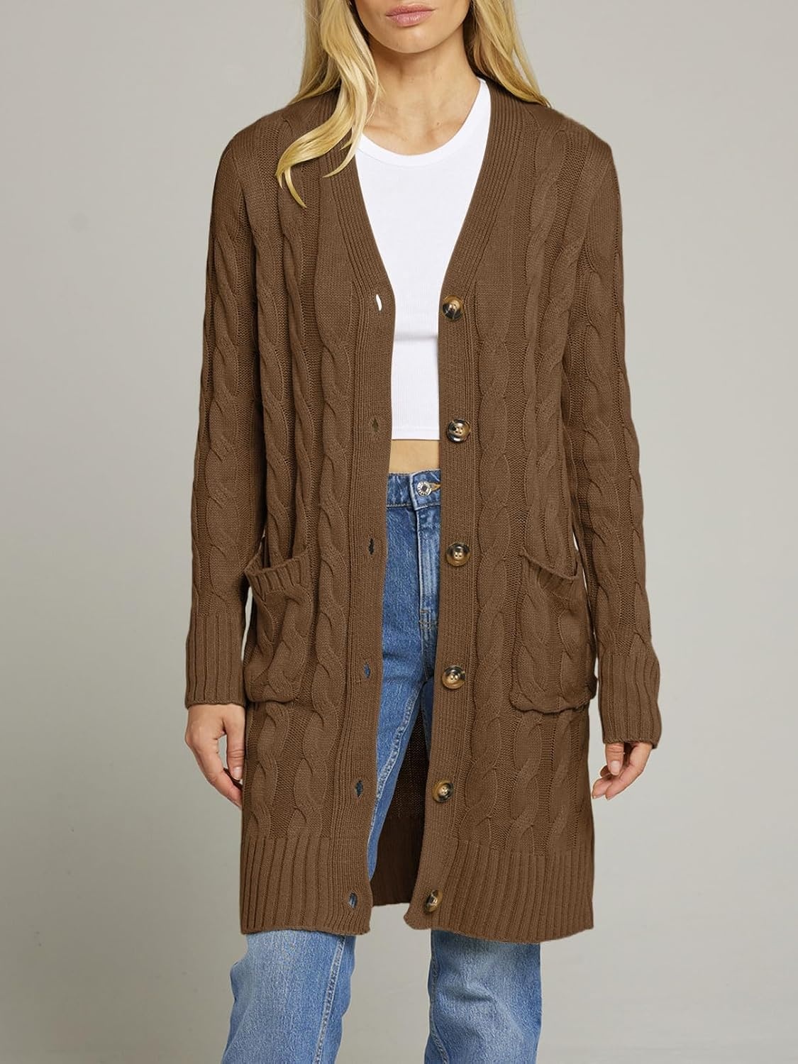 image:imageMEROKEETY Womens Fall Cable Knit Button Long Cardigan Sweater Button Front Long Sleeve Chunky Knit Open Front V Neck Loose Fit Side Pockets 2026 Winter Casual outerwearCoffee