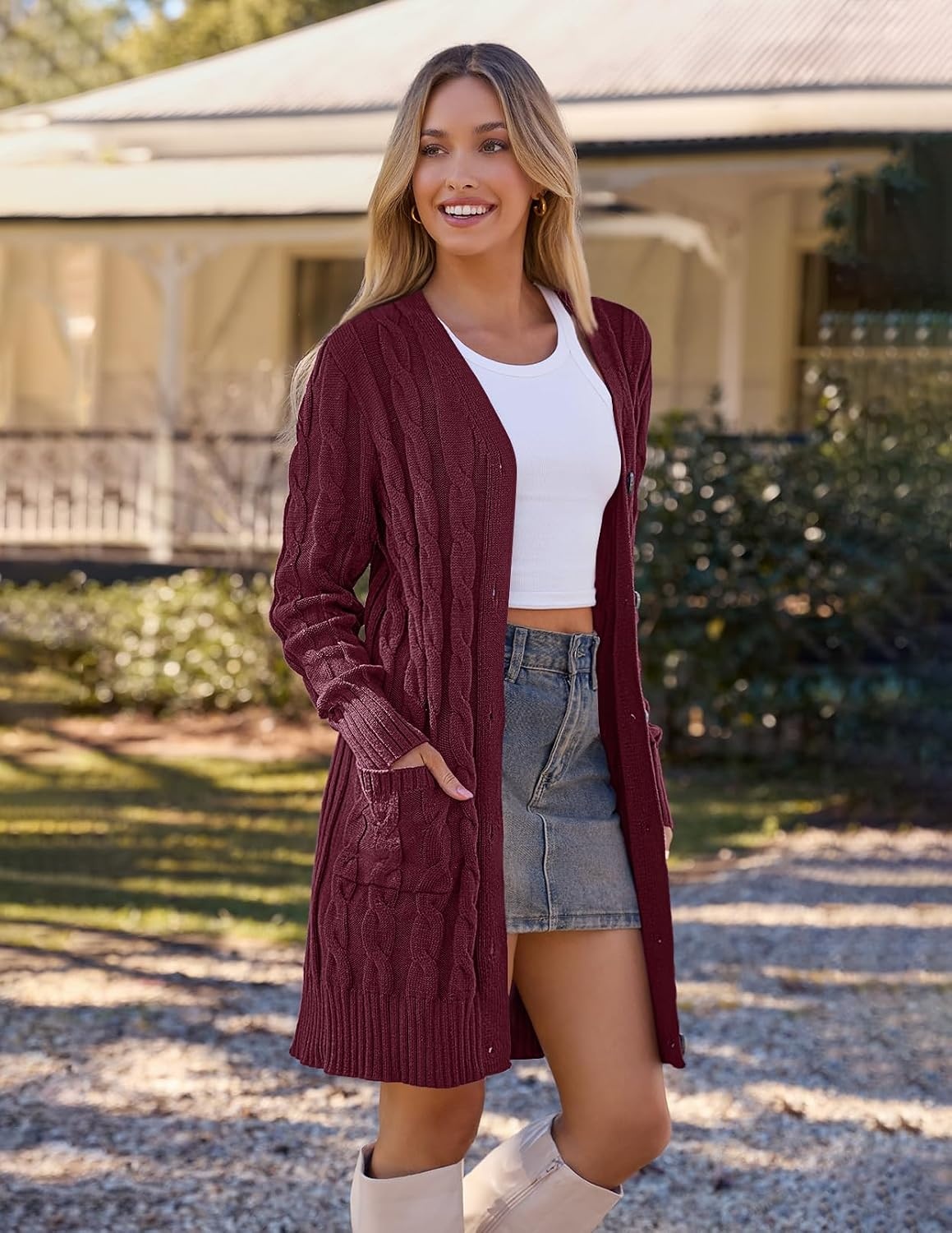 image:imageMEROKEETY Womens Fall Cable Knit Button Long Cardigan Sweater Button Front Long Sleeve Chunky Knit Open Front V Neck Loose Fit Side Pockets 2026 Winter Casual outerwearWine