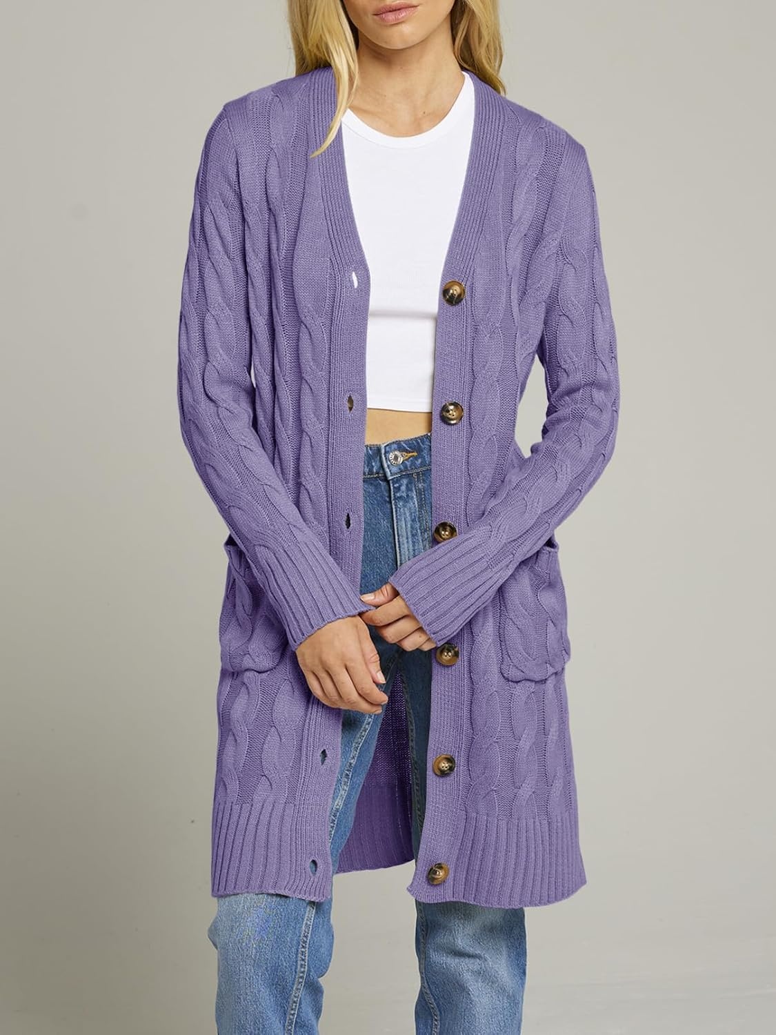 image:imageMEROKEETY Womens Fall Cable Knit Button Long Cardigan Sweater Button Front Long Sleeve Chunky Knit Open Front V Neck Loose Fit Side Pockets 2026 Winter Casual outerwearPurple