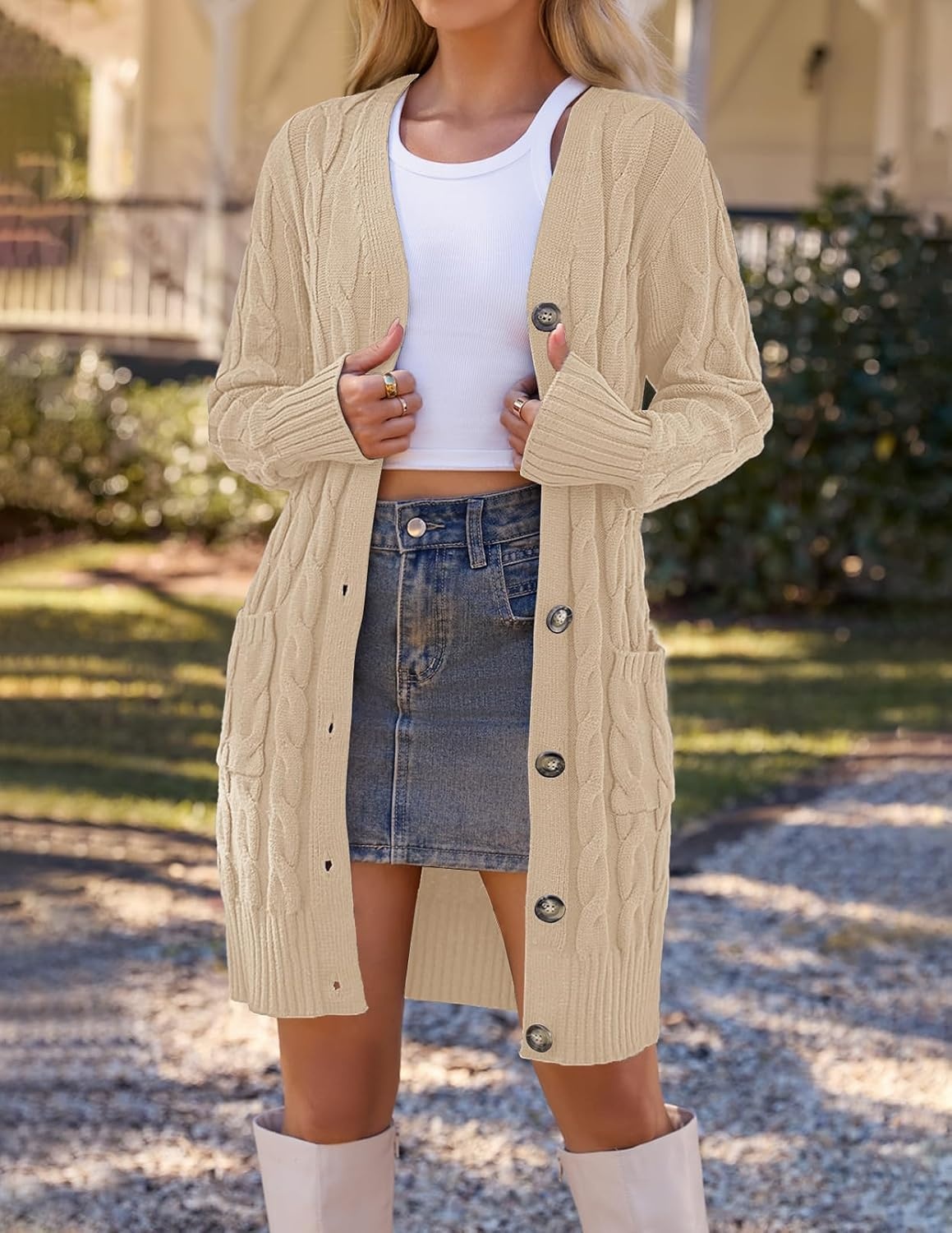 image:imageMEROKEETY Womens Fall Cable Knit Button Long Cardigan Sweater Button Front Long Sleeve Chunky Knit Open Front V Neck Loose Fit Side Pockets 2026 Winter Casual outerwearApricot