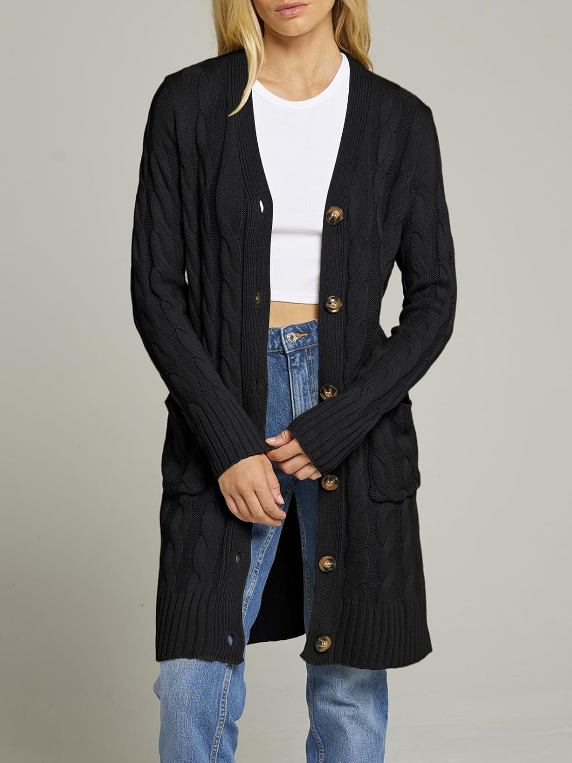 image:imageMEROKEETY Womens Fall Cable Knit Button Long Cardigan Sweater Button Front Long Sleeve Chunky Knit Open Front V Neck Loose Fit Side Pockets 2026 Winter Casual outerwearBlack