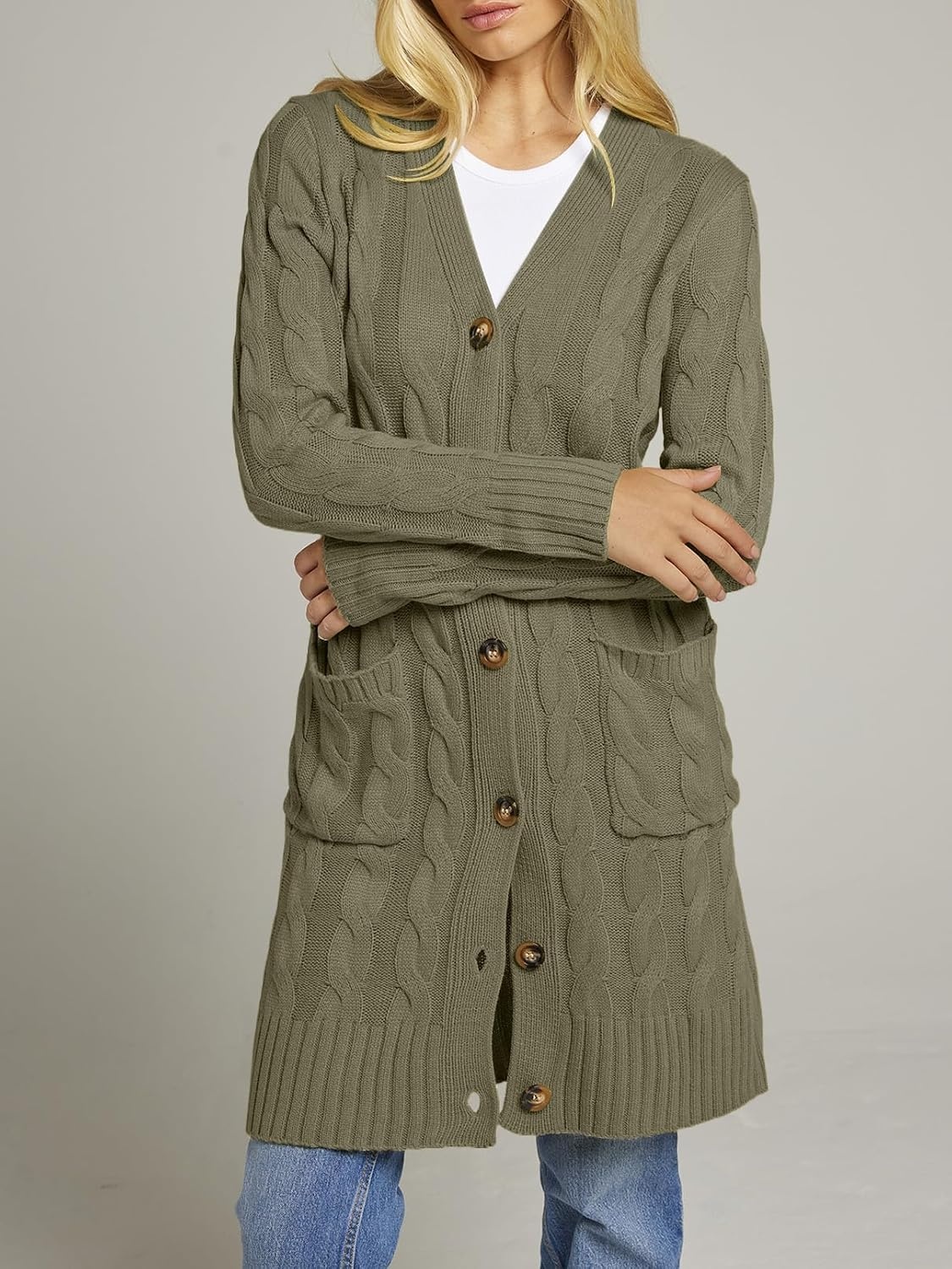 image:imageMEROKEETY Womens Fall Cable Knit Button Long Cardigan Sweater Button Front Long Sleeve Chunky Knit Open Front V Neck Loose Fit Side Pockets 2026 Winter Casual outerwearArmy Green