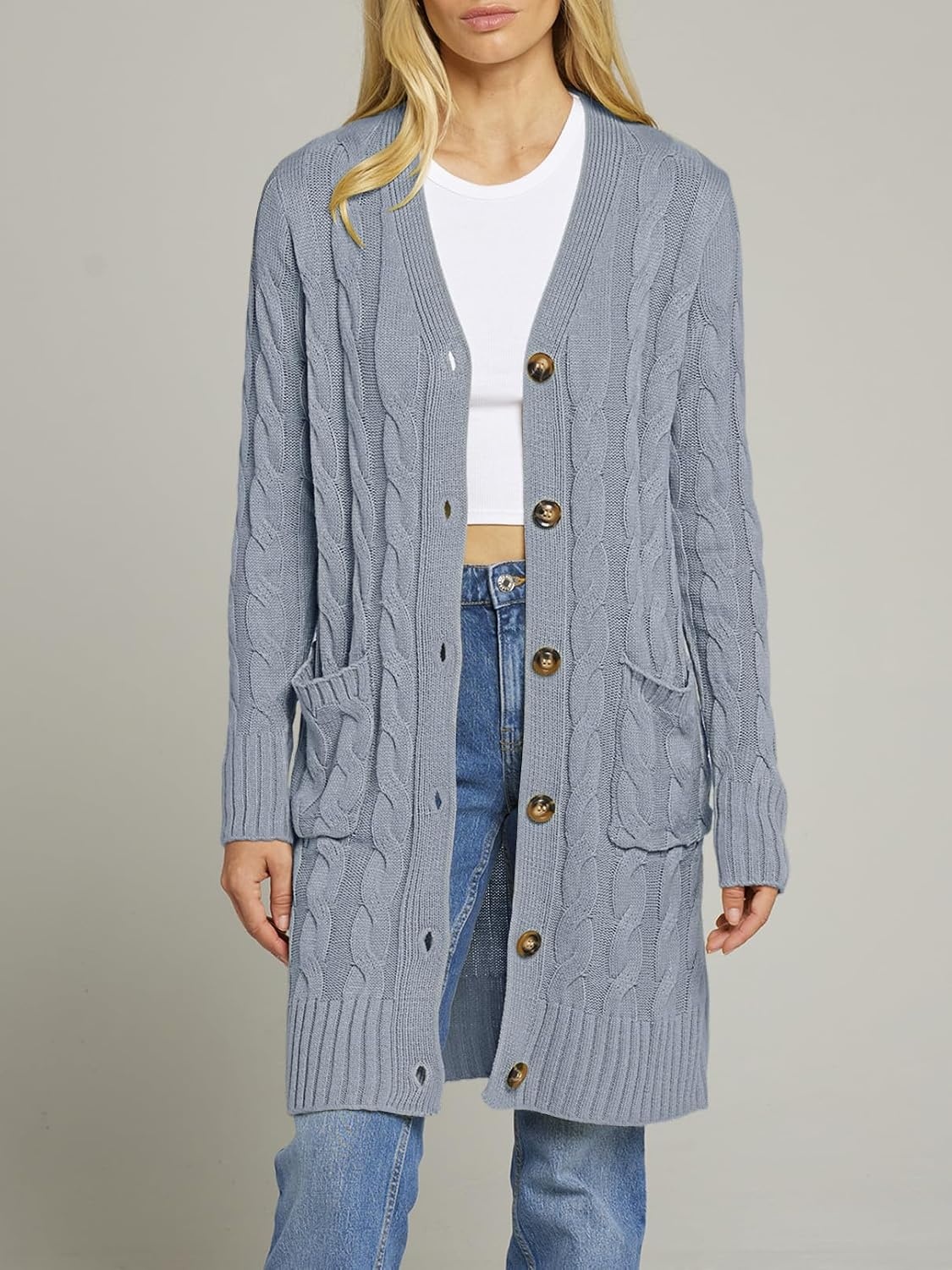 image:imageMEROKEETY Womens Fall Cable Knit Button Long Cardigan Sweater Button Front Long Sleeve Chunky Knit Open Front V Neck Loose Fit Side Pockets 2026 Winter Casual outerwearGrey