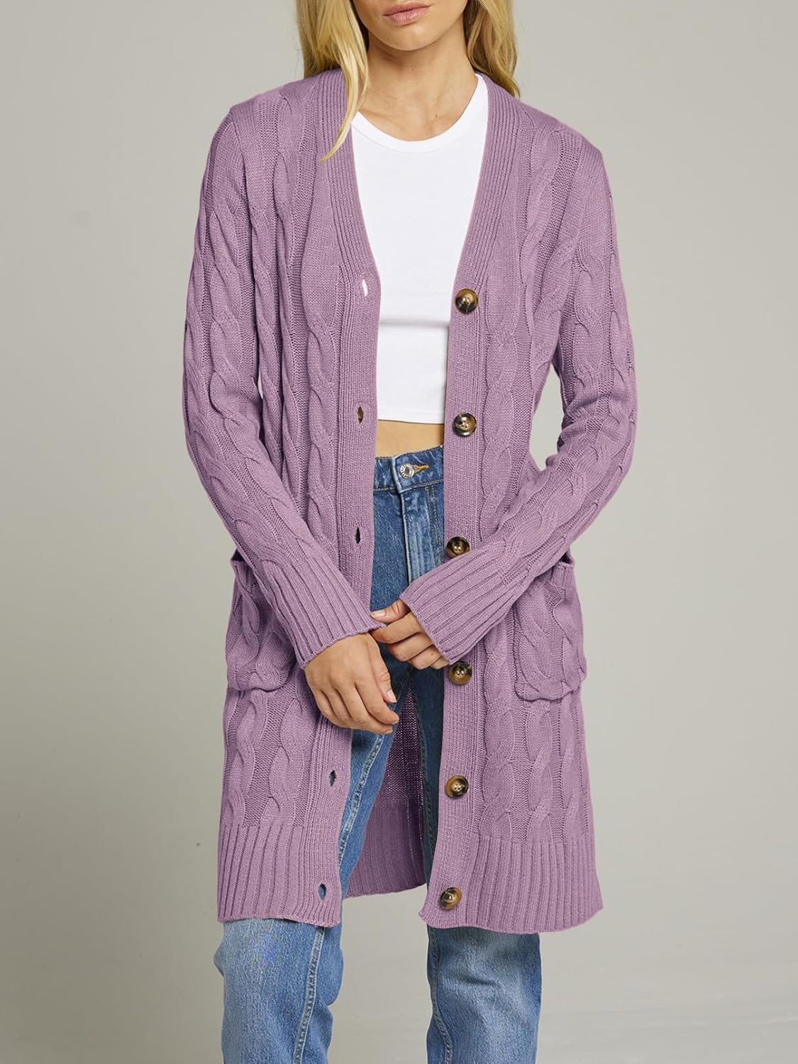 image:imageMEROKEETY Womens Fall Cable Knit Button Long Cardigan Sweater Button Front Long Sleeve Chunky Knit Open Front V Neck Loose Fit Side Pockets 2026 Winter Casual outerwearTaro