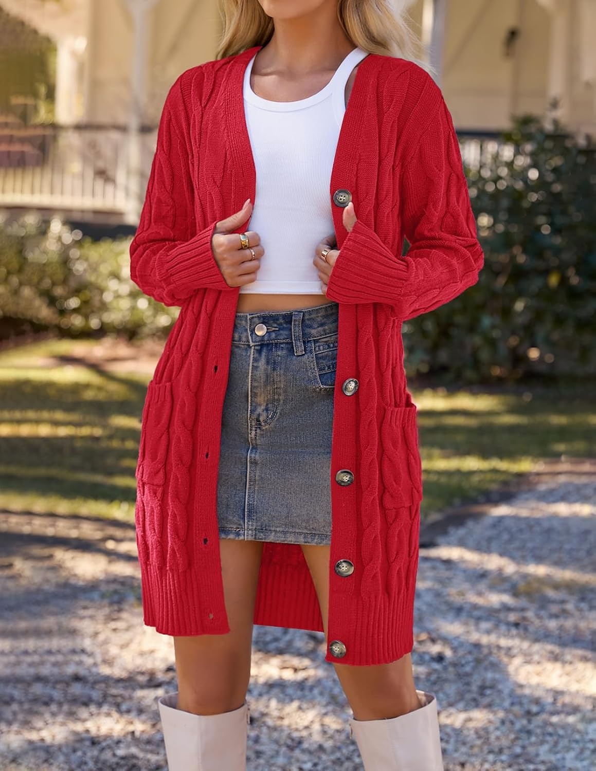 image:imageMEROKEETY Womens Fall Cable Knit Button Long Cardigan Sweater Button Front Long Sleeve Chunky Knit Open Front V Neck Loose Fit Side Pockets 2026 Winter Casual outerwearRed