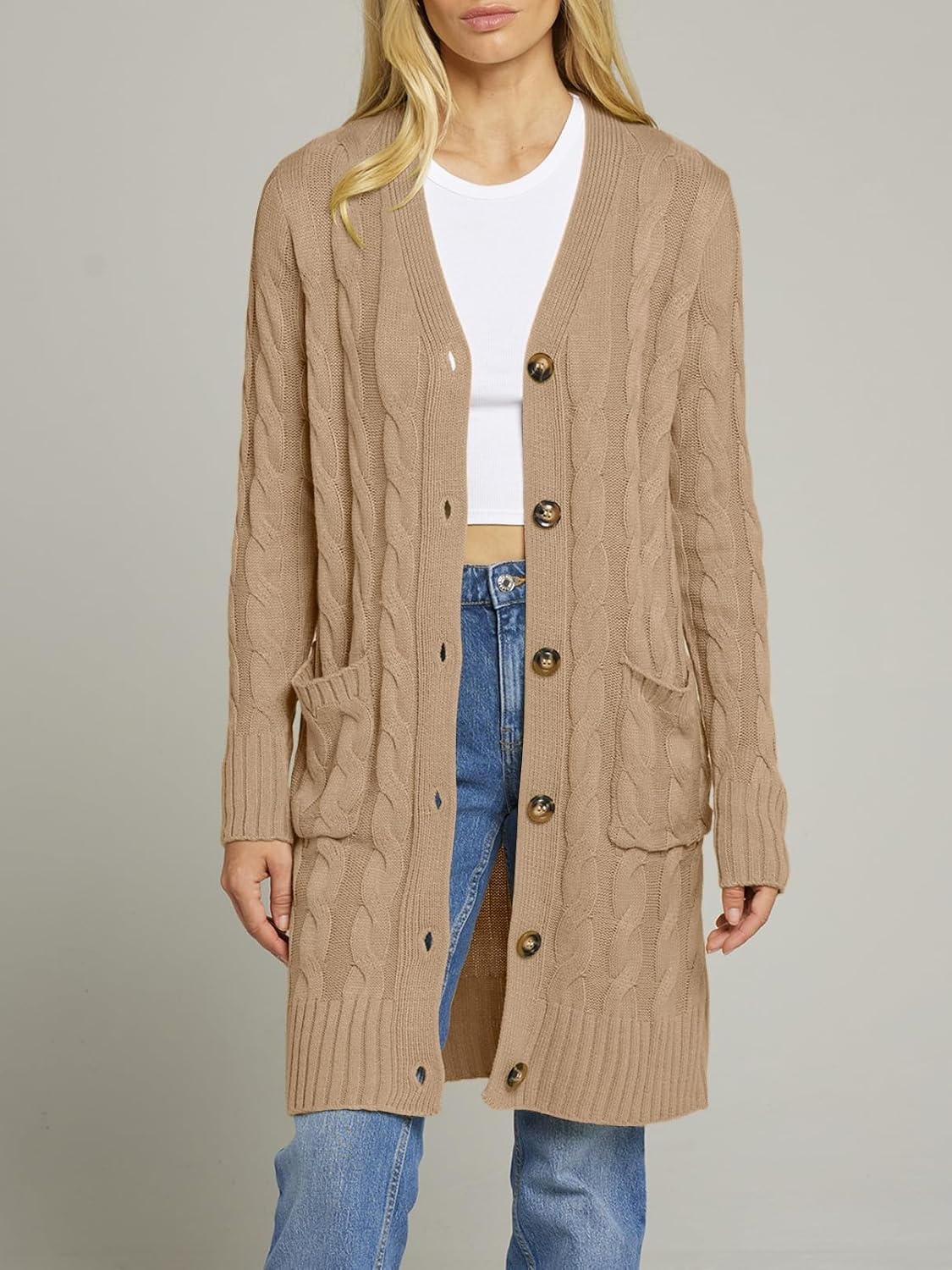 image:imageMEROKEETY Womens Fall Cable Knit Button Long Cardigan Sweater Button Front Long Sleeve Chunky Knit Open Front V Neck Loose Fit Side Pockets 2026 Winter Casual outerwearKhaki