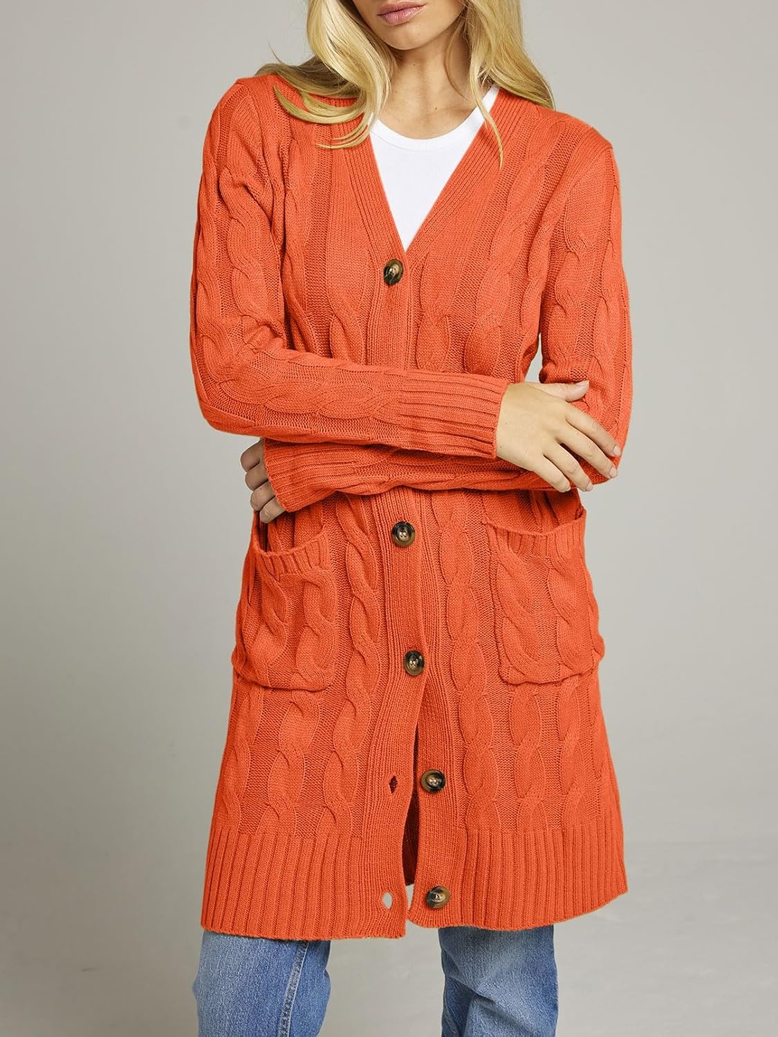 image:imageMEROKEETY Womens Fall Cable Knit Button Long Cardigan Sweater Button Front Long Sleeve Chunky Knit Open Front V Neck Loose Fit Side Pockets 2026 Winter Casual outerwearOrange