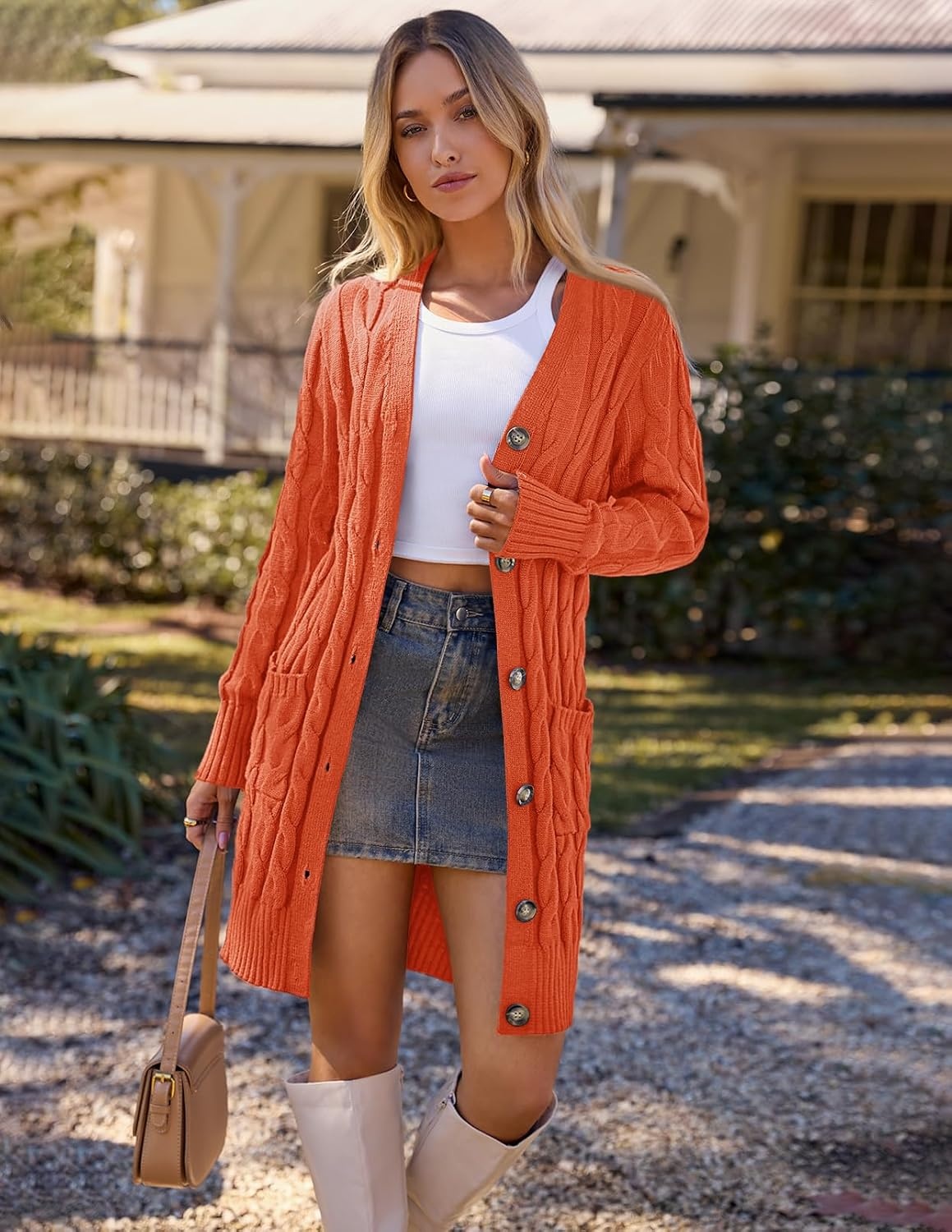 image:imageMEROKEETY Womens Fall Cable Knit Button Long Cardigan Sweater Button Front Long Sleeve Chunky Knit Open Front V Neck Loose Fit Side Pockets 2026 Winter Casual outerwearOrange