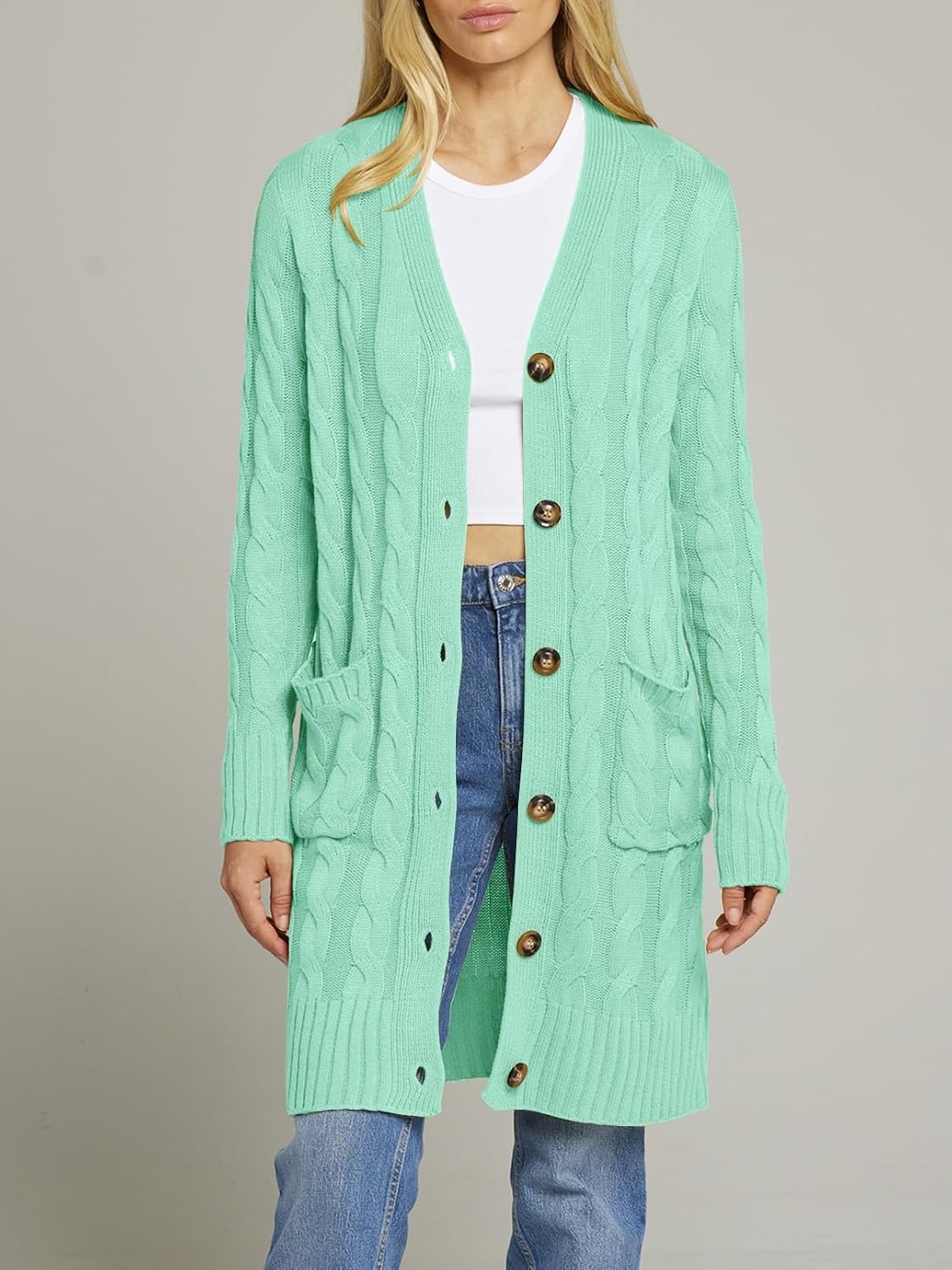 image:imageMEROKEETY Womens Fall Cable Knit Button Long Cardigan Sweater Button Front Long Sleeve Chunky Knit Open Front V Neck Loose Fit Side Pockets 2026 Winter Casual outerwearMint