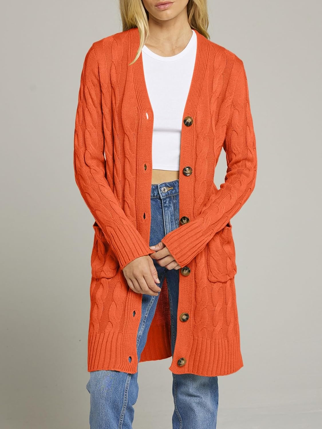 image:imageMEROKEETY Womens Fall Cable Knit Button Long Cardigan Sweater Button Front Long Sleeve Chunky Knit Open Front V Neck Loose Fit Side Pockets 2026 Winter Casual outerwearOrange