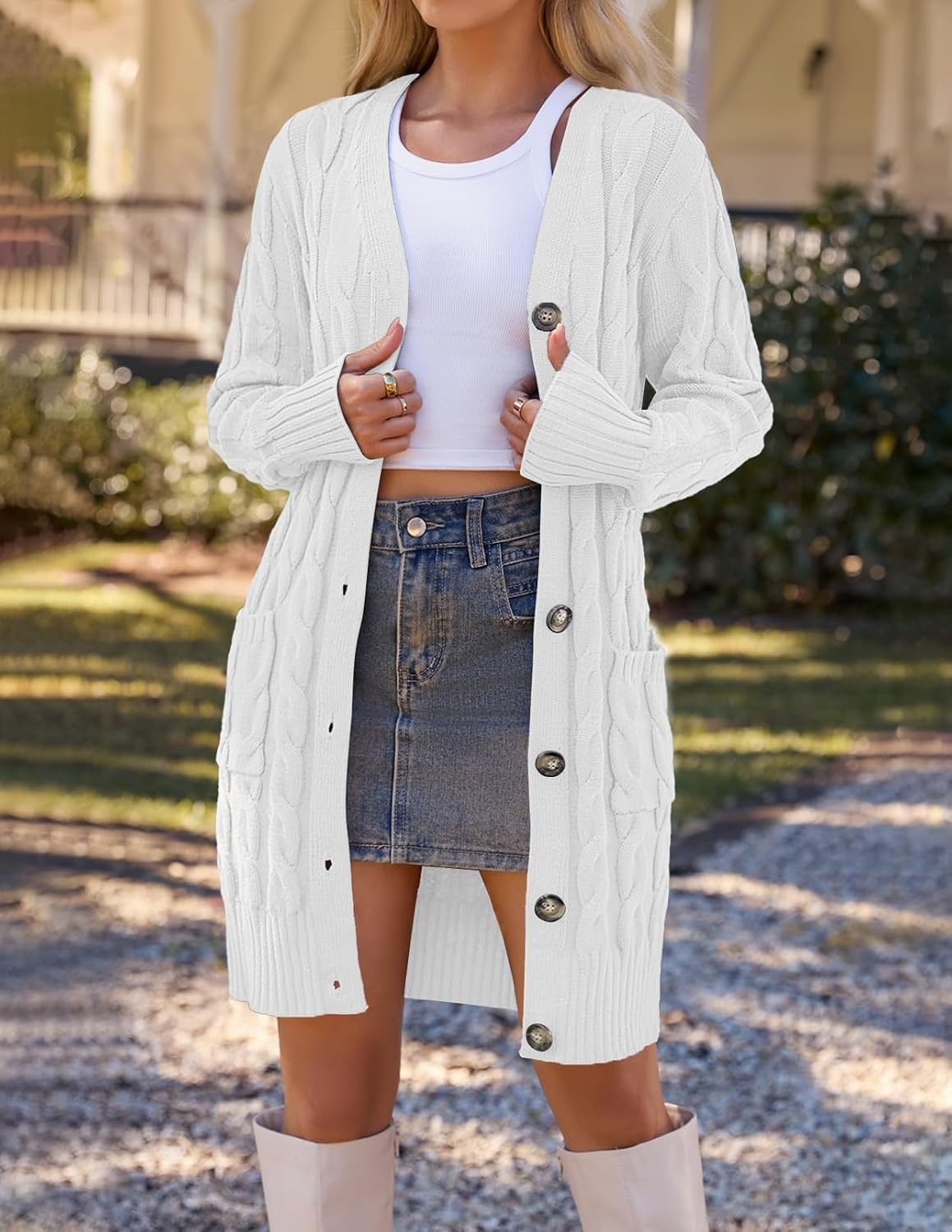 image:imageMEROKEETY Womens Fall Cable Knit Button Long Cardigan Sweater Button Front Long Sleeve Chunky Knit Open Front V Neck Loose Fit Side Pockets 2026 Winter Casual outerwearWhite