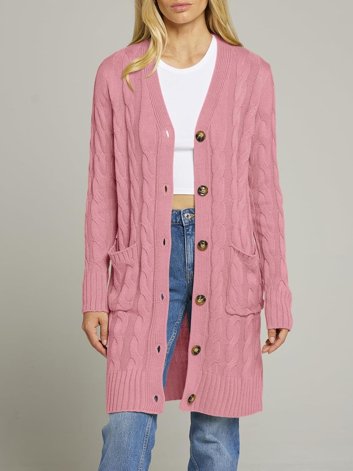 image:imageMEROKEETY Womens Fall Cable Knit Button Long Cardigan Sweater Button Front Long Sleeve Chunky Knit Open Front V Neck Loose Fit Side Pockets 2026 Winter Casual outerwearDarkpink