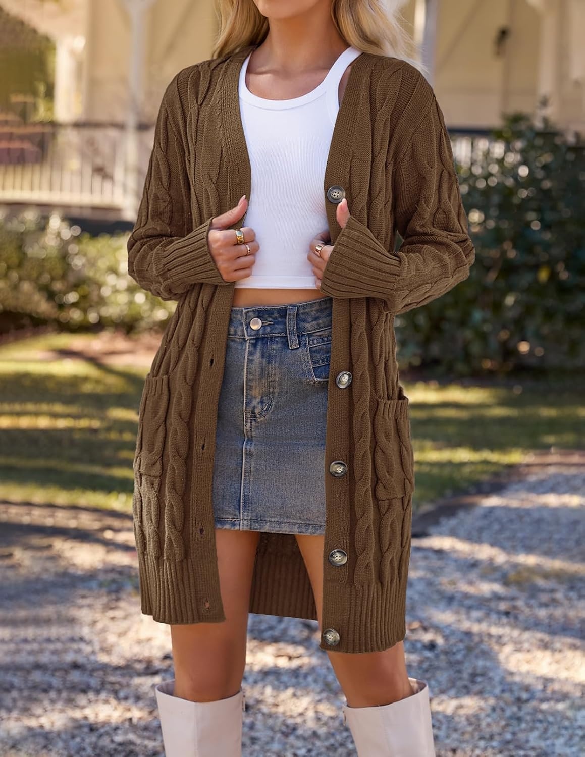 image:imageMEROKEETY Womens Fall Cable Knit Button Long Cardigan Sweater Button Front Long Sleeve Chunky Knit Open Front V Neck Loose Fit Side Pockets 2026 Winter Casual outerwearCoffee