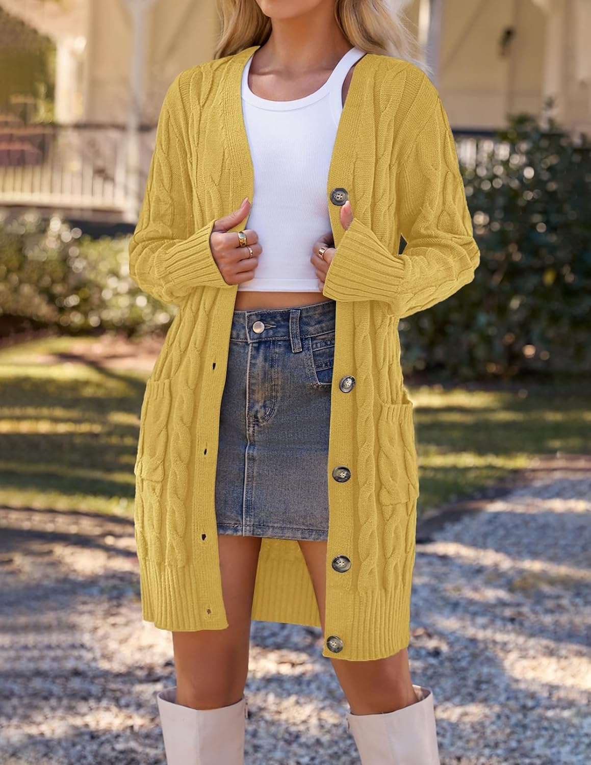 image:imageMEROKEETY Womens Fall Cable Knit Button Long Cardigan Sweater Button Front Long Sleeve Chunky Knit Open Front V Neck Loose Fit Side Pockets 2026 Winter Casual outerwearMustard