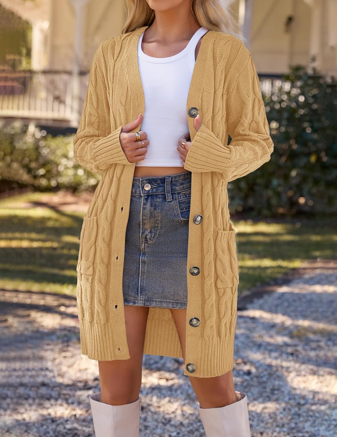 image:imageMEROKEETY Womens Fall Cable Knit Button Long Cardigan Sweater Button Front Long Sleeve Chunky Knit Open Front V Neck Loose Fit Side Pockets 2026 Winter Casual outerwearKhaki
