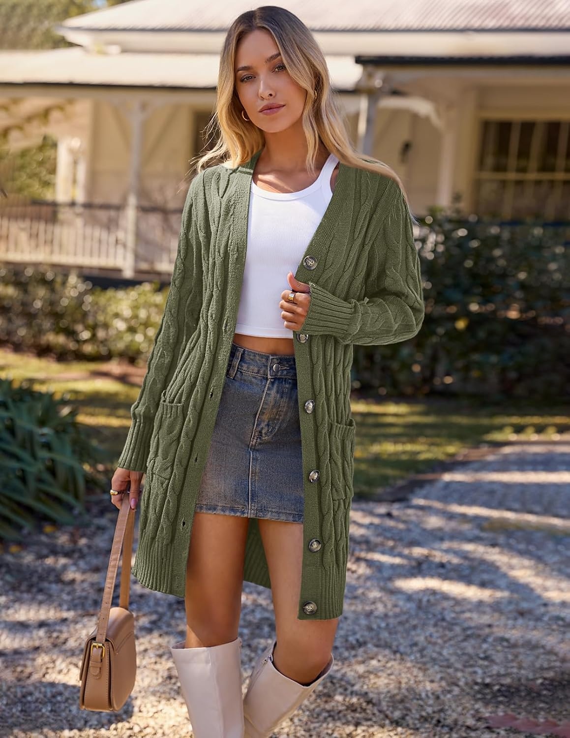 image:imageMEROKEETY Womens Fall Cable Knit Button Long Cardigan Sweater Button Front Long Sleeve Chunky Knit Open Front V Neck Loose Fit Side Pockets 2026 Winter Casual outerwearArmy Green