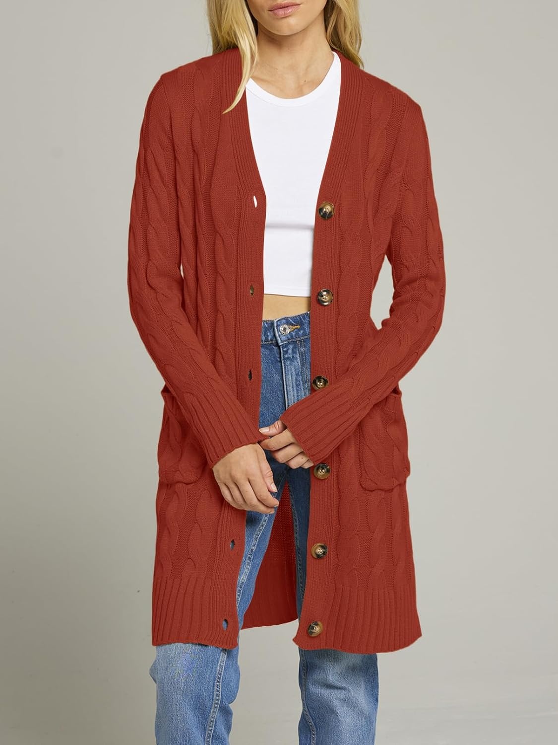 image:imageMEROKEETY Womens Fall Cable Knit Button Long Cardigan Sweater Button Front Long Sleeve Chunky Knit Open Front V Neck Loose Fit Side Pockets 2026 Winter Casual outerwearRust