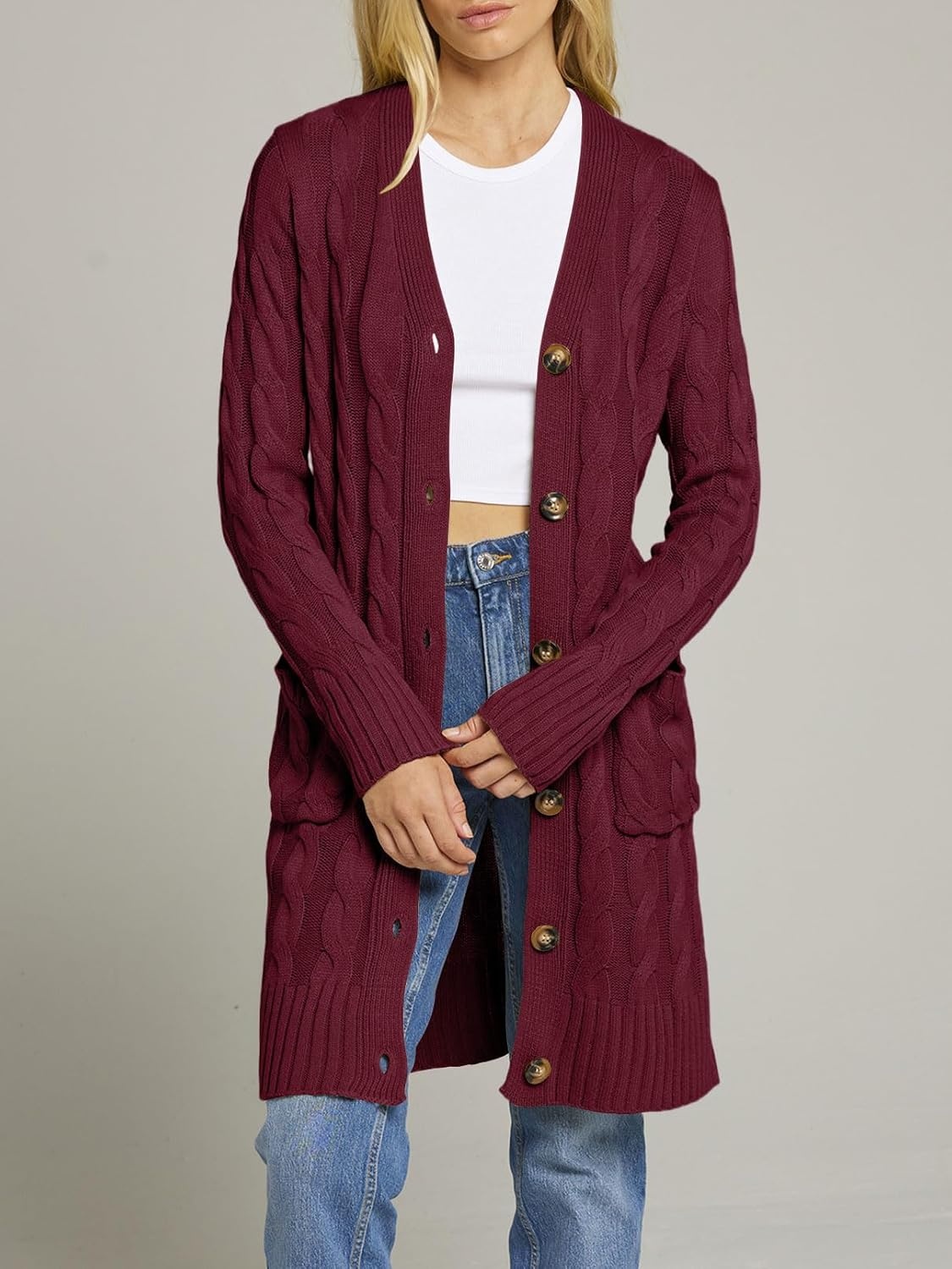 image:imageMEROKEETY Womens Fall Cable Knit Button Long Cardigan Sweater Button Front Long Sleeve Chunky Knit Open Front V Neck Loose Fit Side Pockets 2026 Winter Casual outerwearWine
