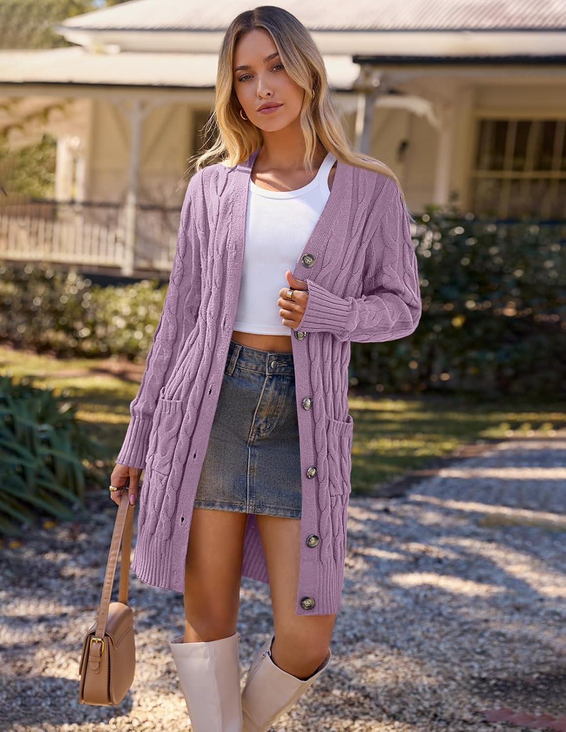 image:imageMEROKEETY Womens Fall Cable Knit Button Long Cardigan Sweater Button Front Long Sleeve Chunky Knit Open Front V Neck Loose Fit Side Pockets 2026 Winter Casual outerwearTaro